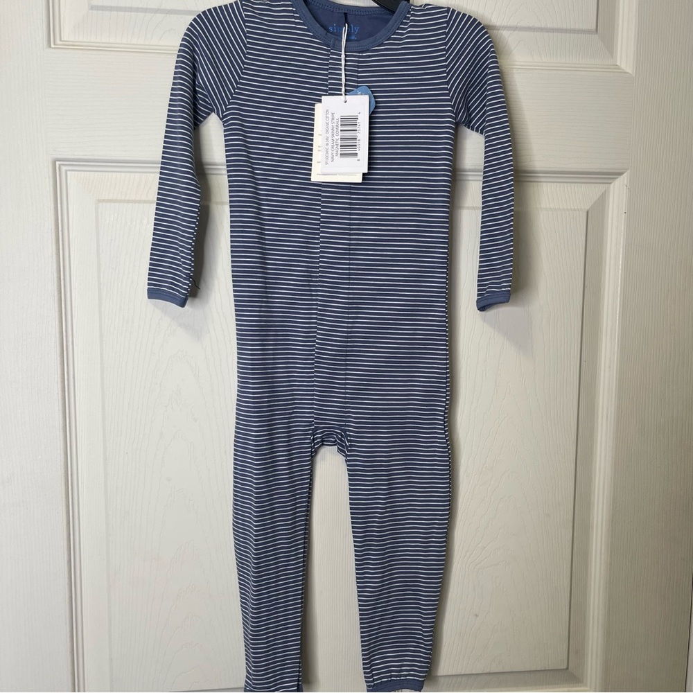 Simply Magnetic Organic Cotton Navy/Cream Skinny Stripe Magnetic Coverall 18-24M